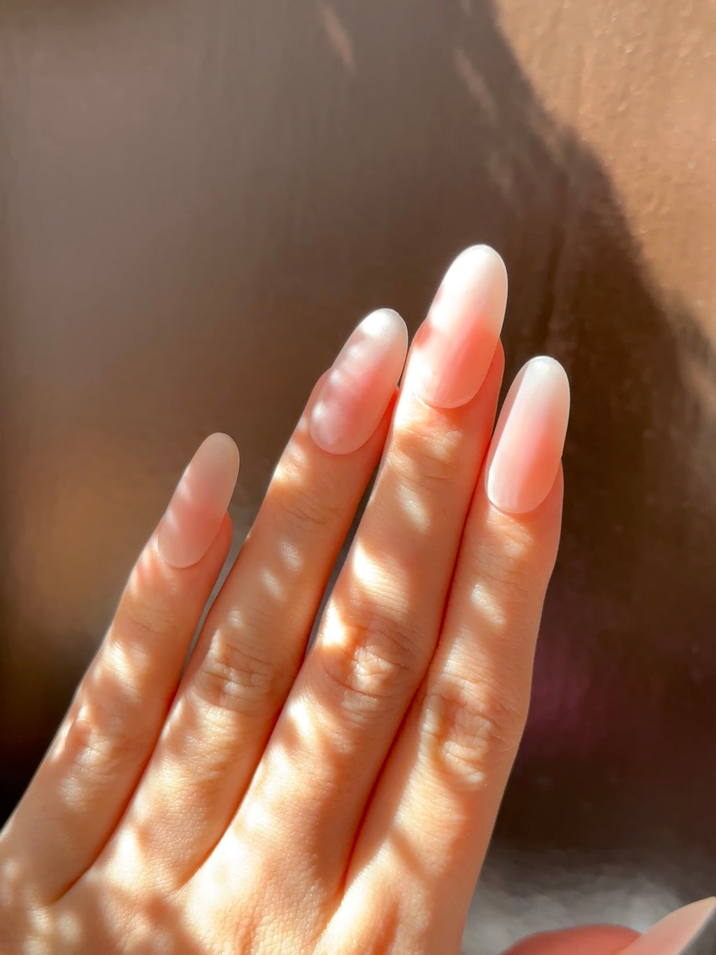 Blush Haze matte pink blush ombre press-on nails oval shape on hand