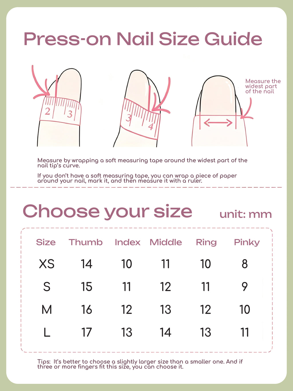 Press on nail size guide chart
