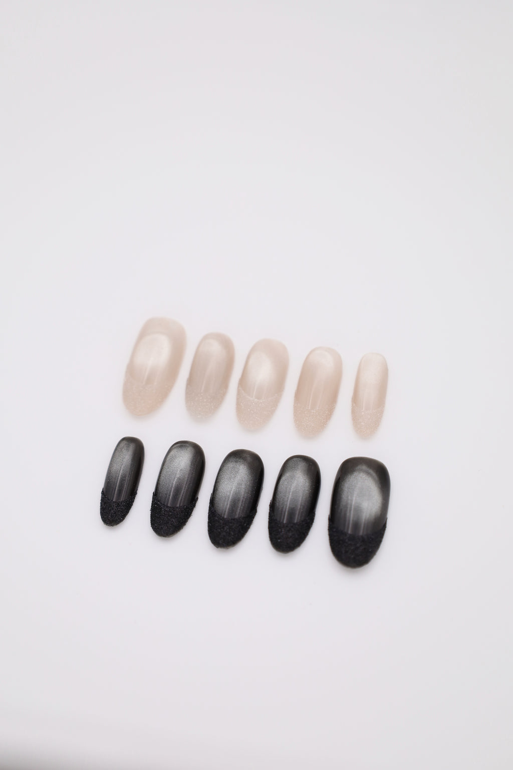 Velvet Veil silver cat-eye press-on nails set with textured glitter French tips display