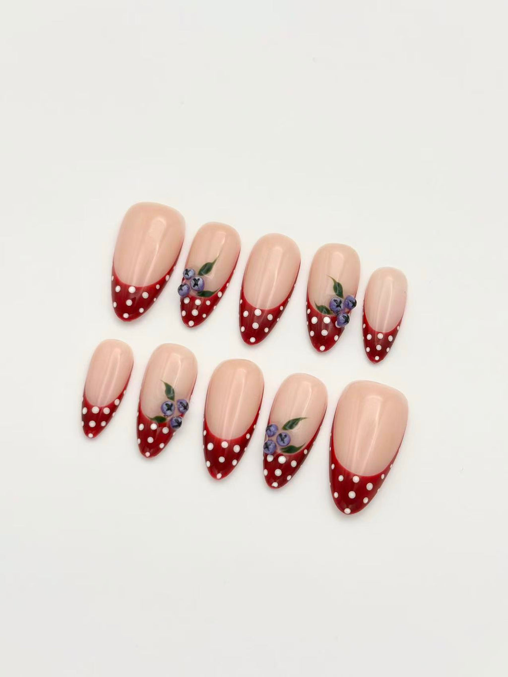 Wine Berry red French tip blueberry press-on nails set flatlay display